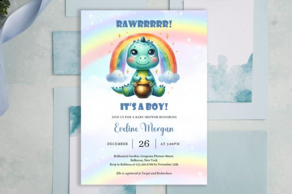 Baby Dino with Rainbow Baby Shower Invit for Print Templates