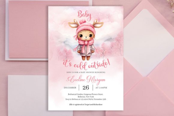 Pink Reindeer Winter Baby Shower Invite for Print Templates