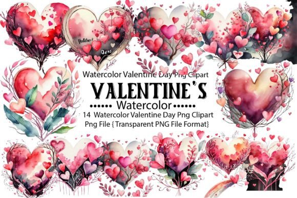 Watercolor Valentine Day PNG Bundle for Print Templates